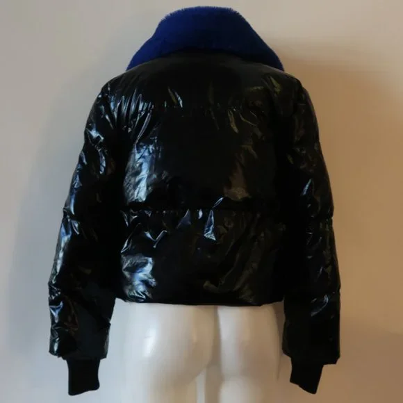 Womens Central Park West Black Blue Faux Fur Collar Puffer Bomber Jacket S * - Picture 7 of 12